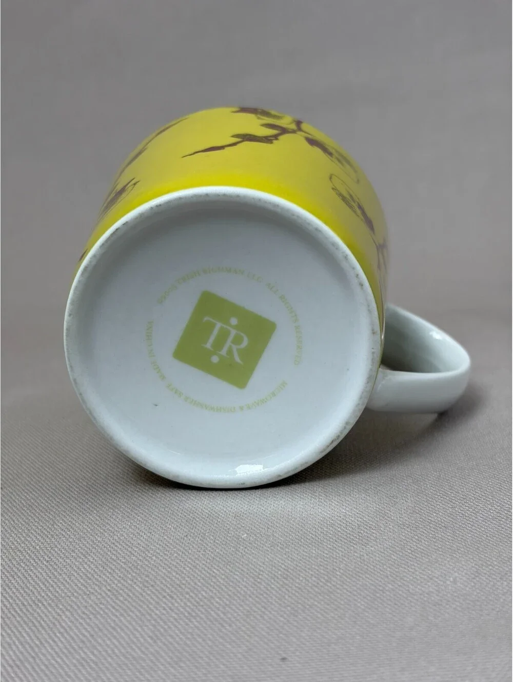 Trish Richman Porcelain Coffee Mug Chartreuse Yellow Plum Orchid Tea Cup 12 oz